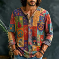 Men's Boho Patchwork Peace Sign Flower Print Henry Collar Long Sleeve T-Shirt