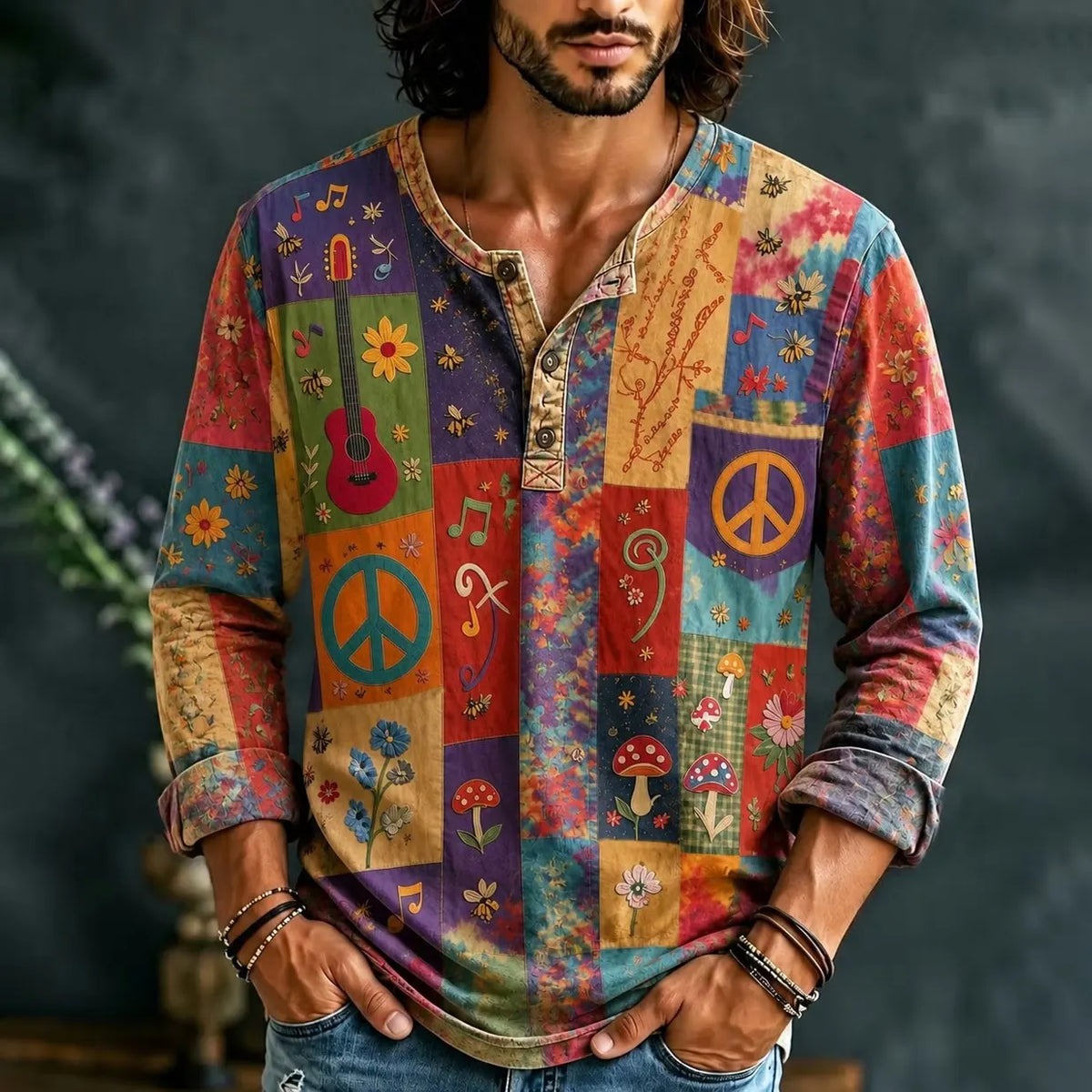 Men's Boho Patchwork Peace Sign Flower Print Henry Collar Long Sleeve T-Shirt