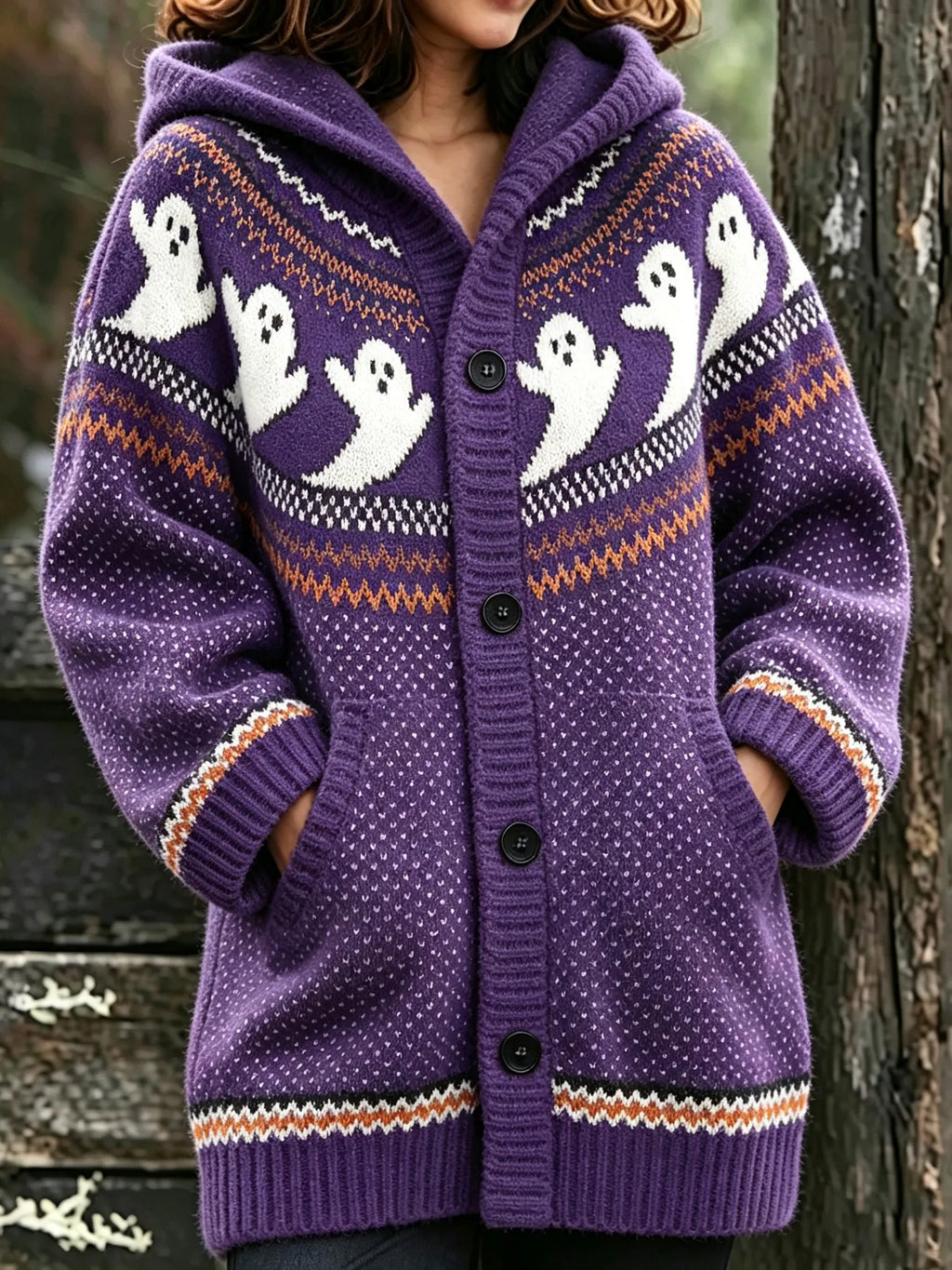 Women's Halloween Ghost Polka Dot Print Hooded Cardigan Sweater