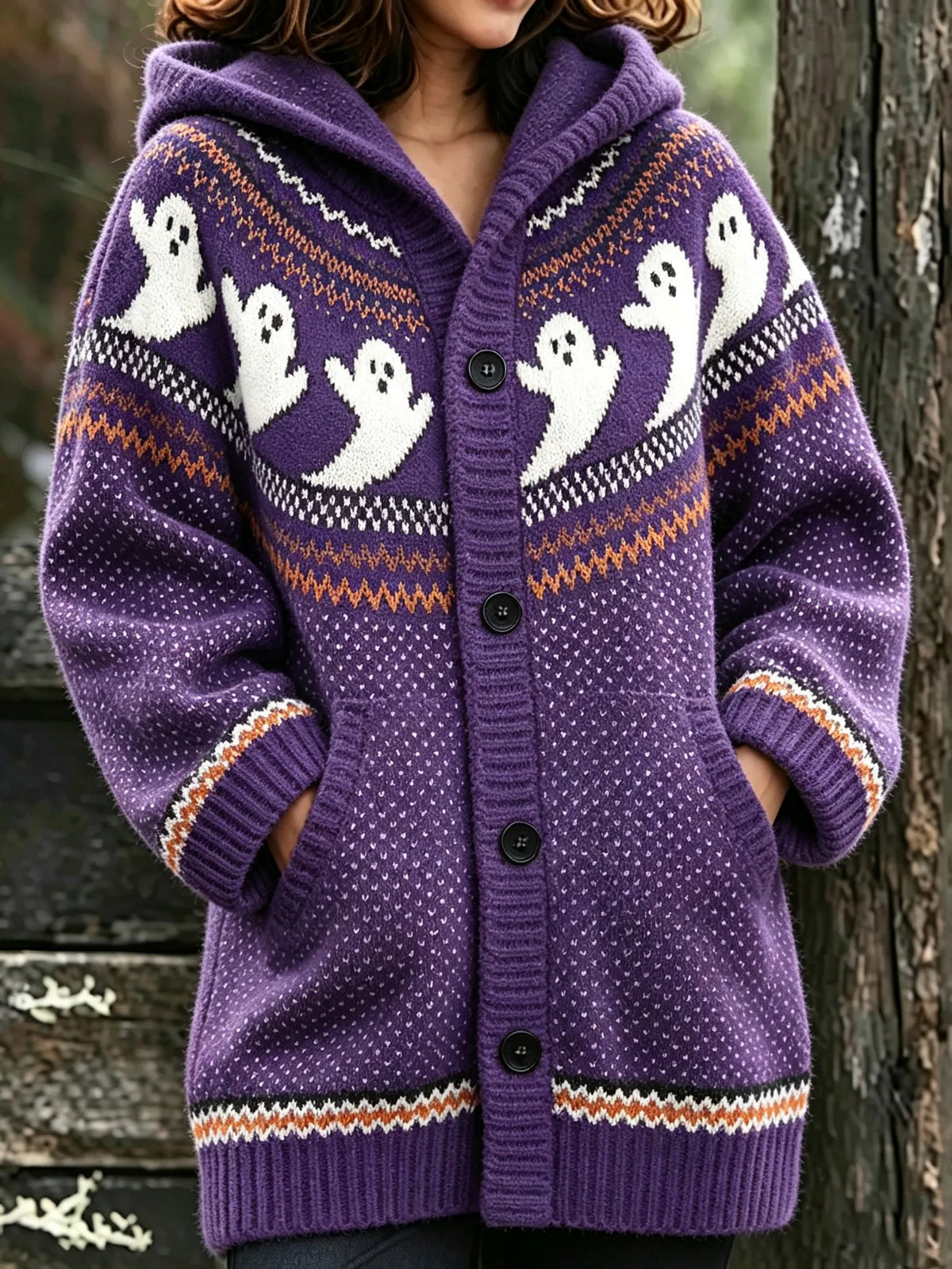 Women's Halloween Ghost Polka Dot Print Hooded Cardigan Sweater