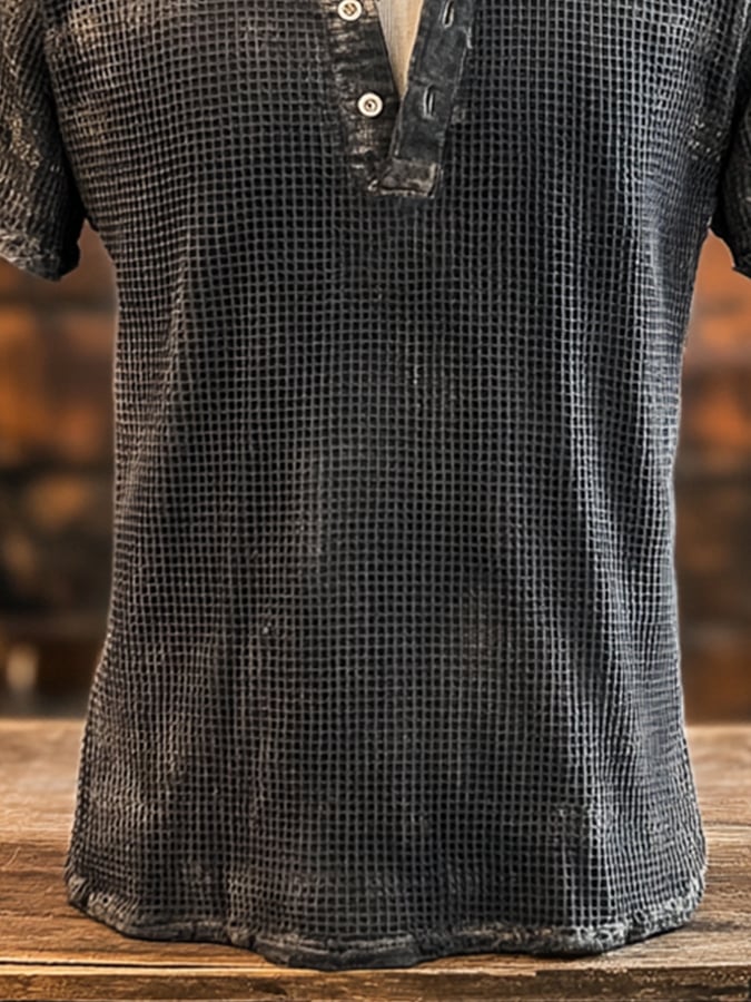 Men's Vintage Washed Waffle Casual Henley Short Sleeve T-Shirt