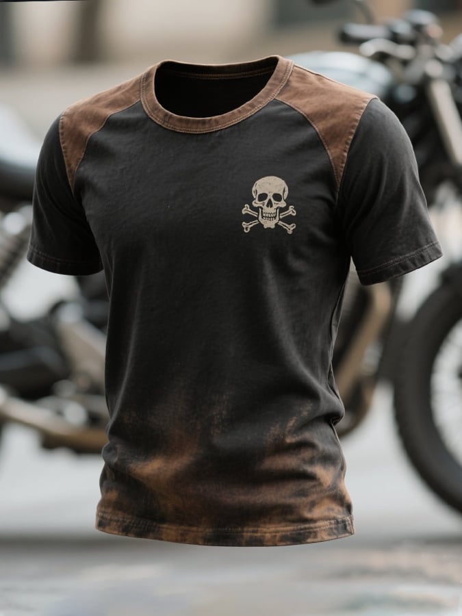 Men's retro color block round neck short sleeve t-shirt for motorcyclists
