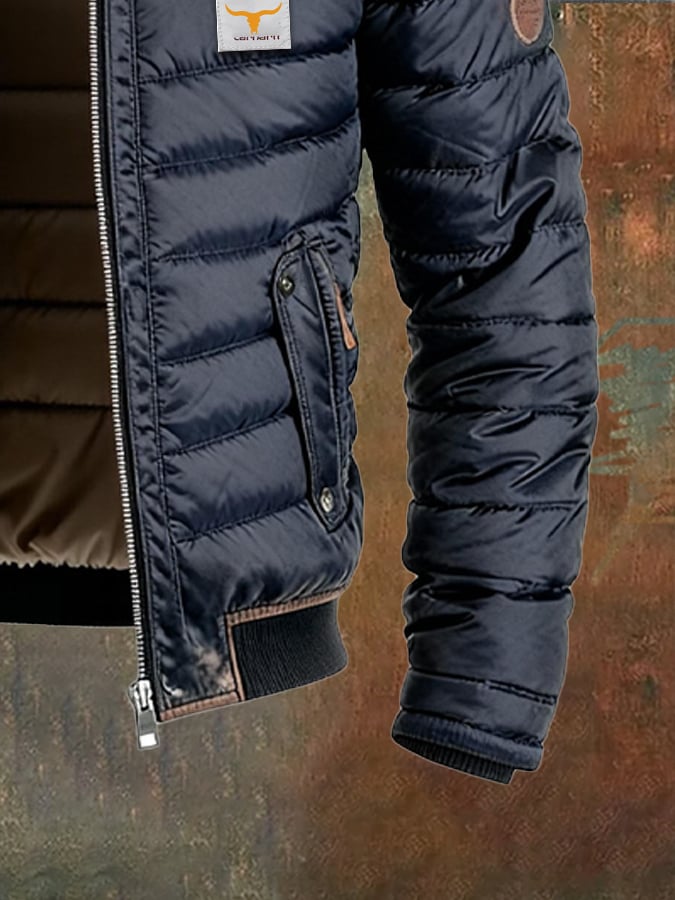 Men's Retro Leather Quilted Patchwork Warm Zipper Outdoor Jacket
