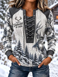 Women's Vintage Winter Woodland Deer Stitch-Detail Sweatshirt