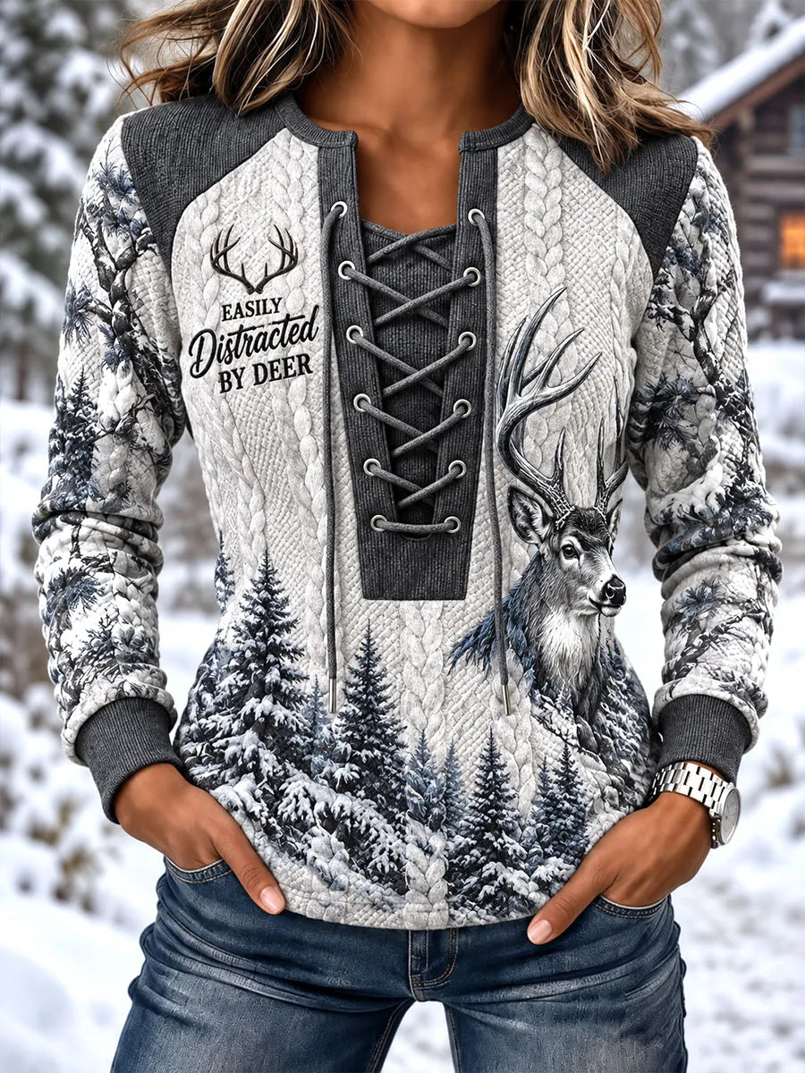 Women's Vintage Winter Woodland Deer Stitch-Detail Sweatshirt