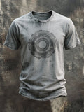 Men's retro print T-shirt with washed chest, round neck, short sleeves