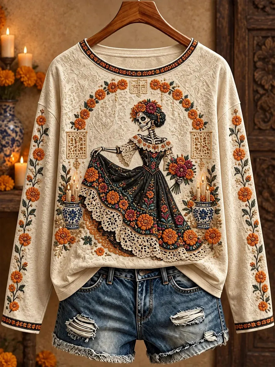 Women's Day Of The Dead Skeleton Lady with Candle and Floral Print Long Sleeve T-Shirt