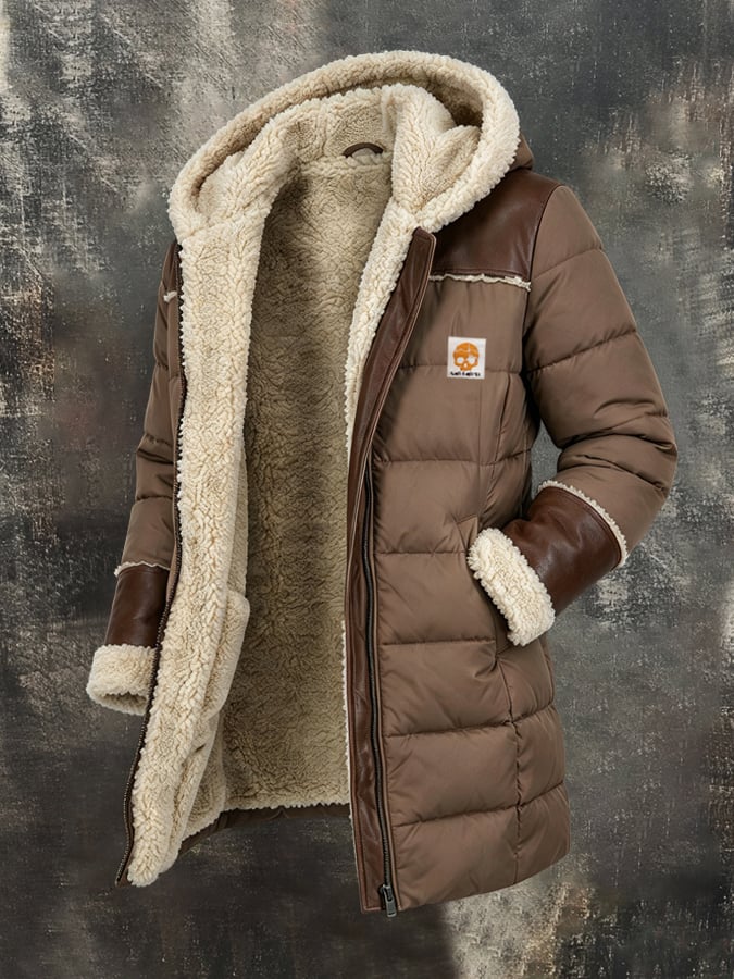 Men’S Vintage-Style Fleece-Lined Padded Hooded Jacket With Suede Paneling And Color-Block Detailing