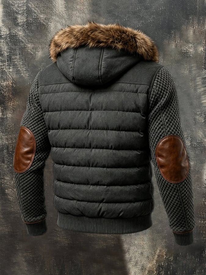 Men’S Vintage-Style Fleece-Lined Hooded Jacket With Contrast Leather Paneling (Detachable Fur Collar)