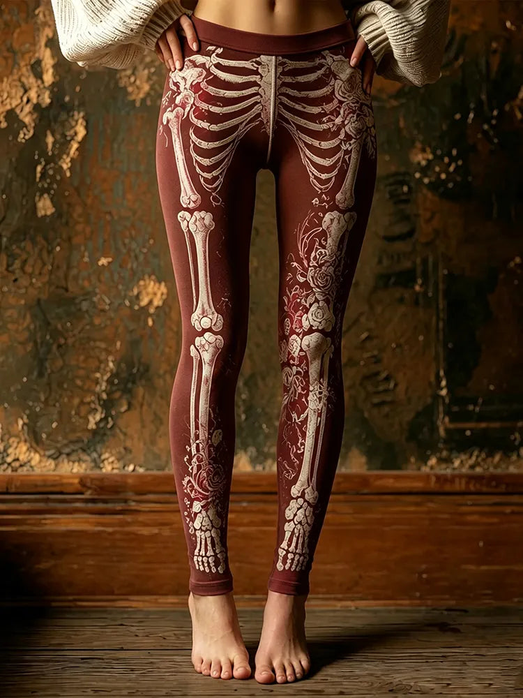 Women's Retro Halloween Skeleton And Spider Lily Pattern Casual Leggings
