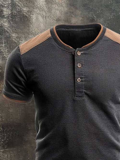 Men's casual washed colorblock cotton Henley T-shirt