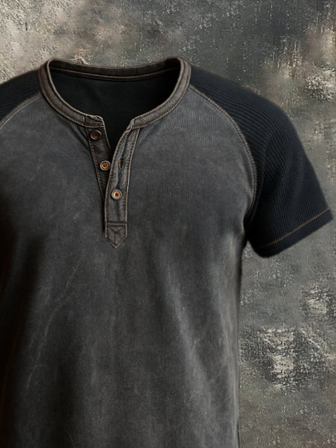 Men's casual retro washed cotton colorblock Henley t-shirt