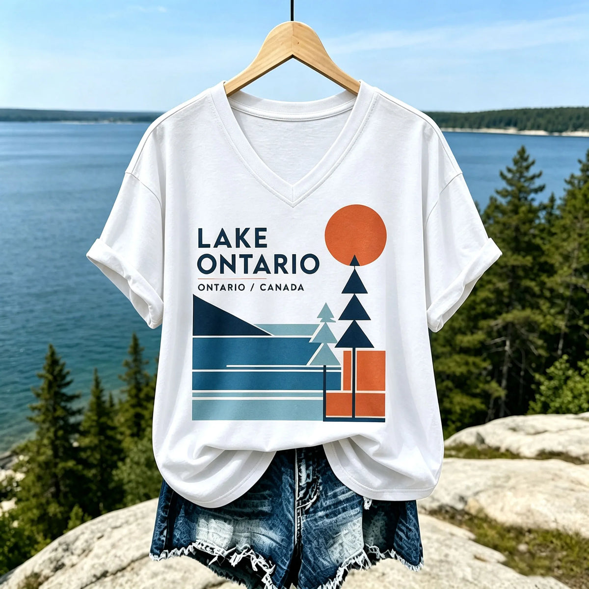Women's Casual V-neck T-shirt In Beige With Lake Ontario Geometric Landscape And Orange Sun Print
