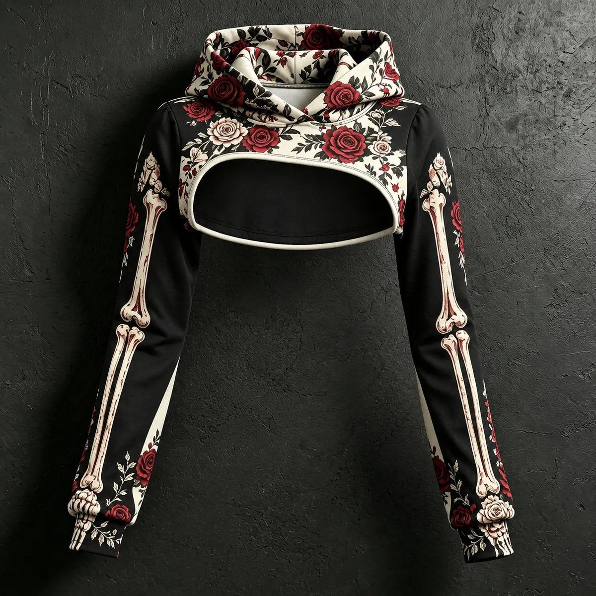 Women's Retro Color Block Bone Rose Print Hoodie Two-piece Set
