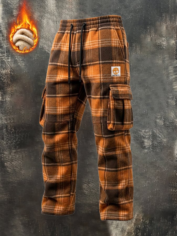Men’s Vintage Plaid Color-Block Fleece-Lined Warm Casual Cargo Pants