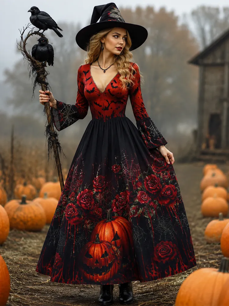 Women's Halloween Gothic Maxi Dress - Red And Black Jack-o'-lanterns, Roses And Spider Webs Print Flowy Dress