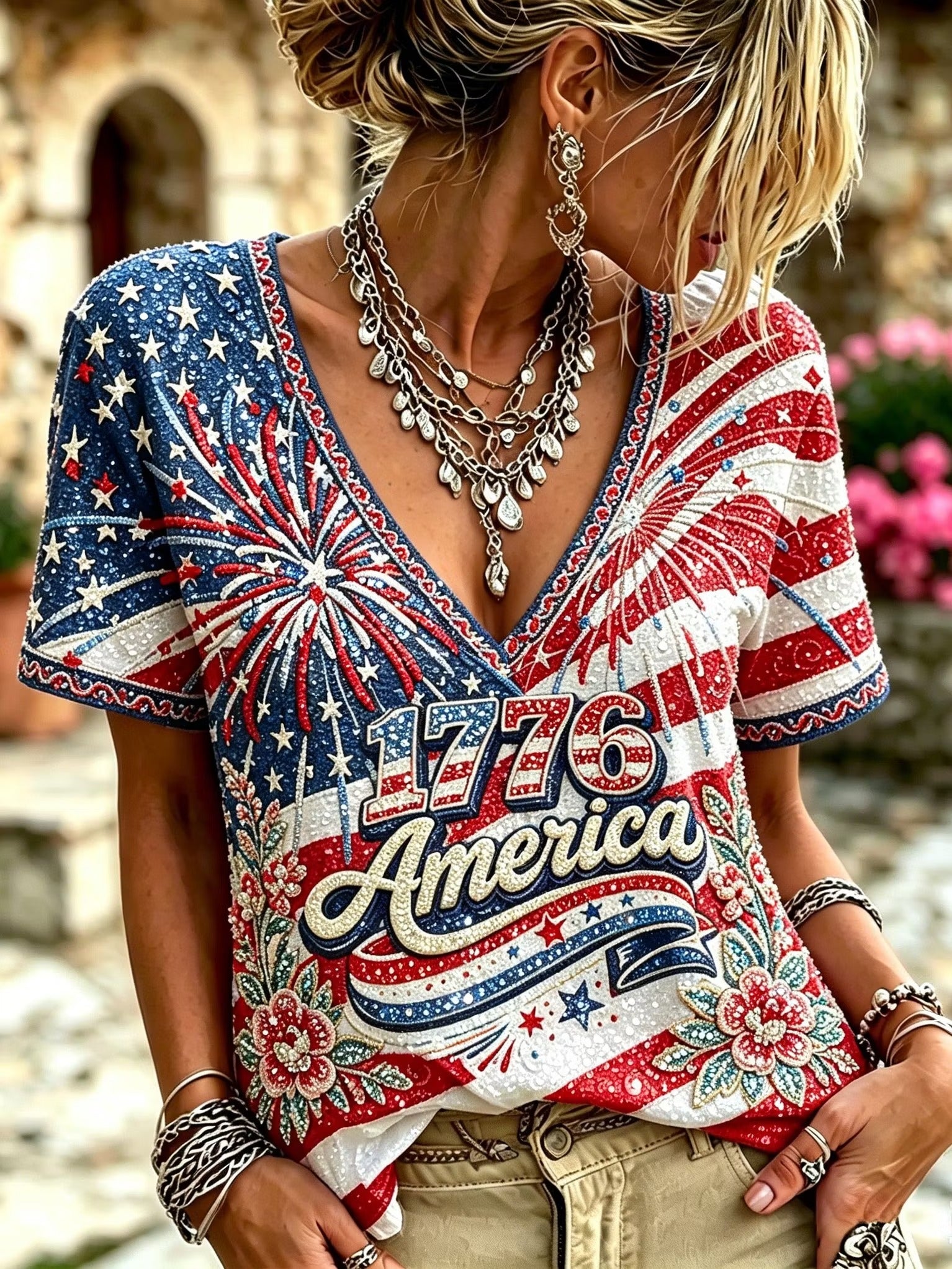 Women's Vintage American Flag, Floral, And Firework Print Sequined V-neck Top