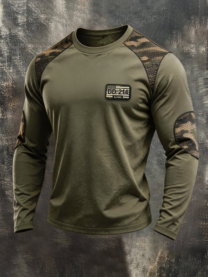 Men's DD-214 Vintage Color-Block Camo Crew-Neck Long-Sleeve T-Shirt