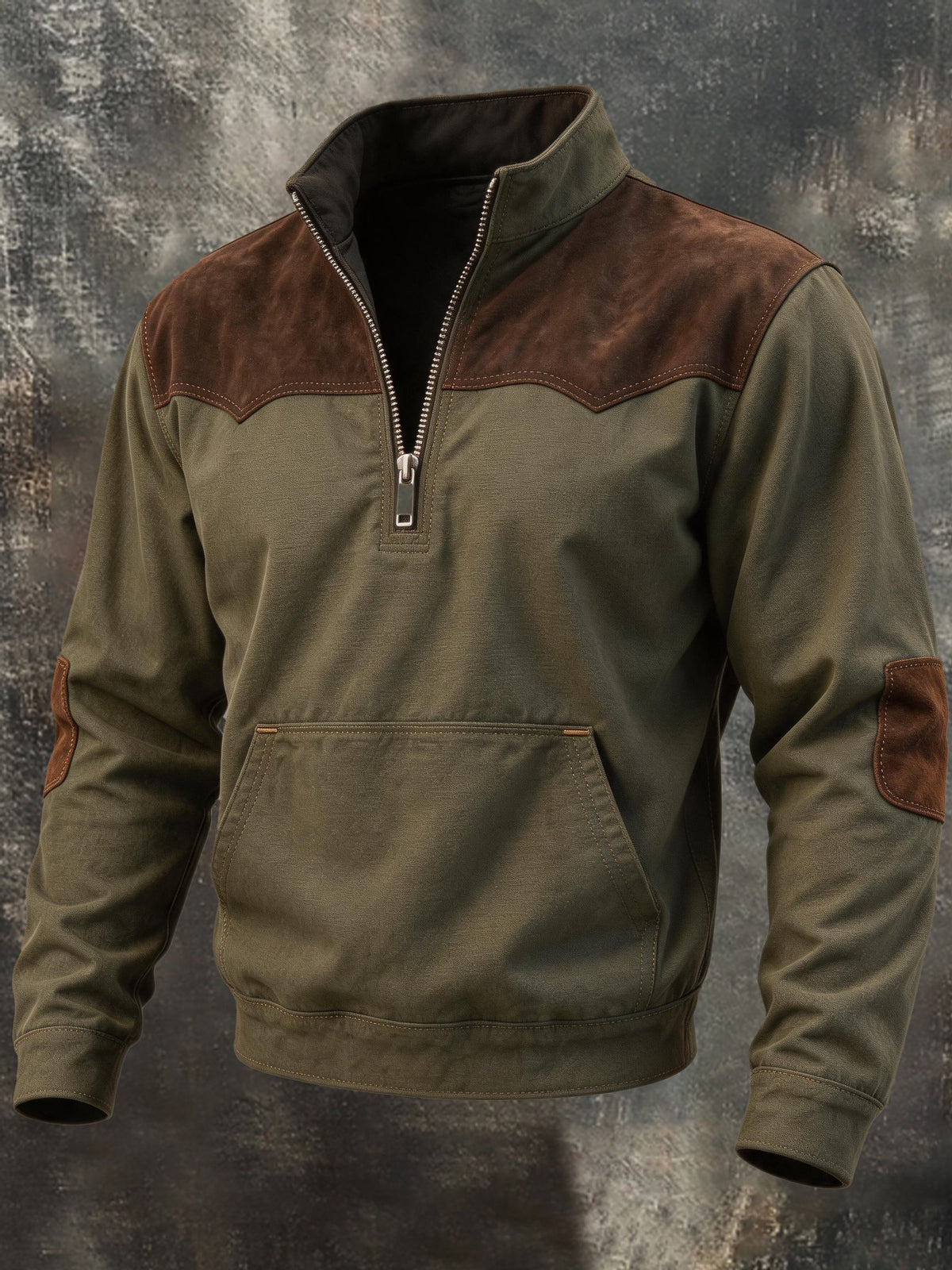 Men’s Vintage-Style Suede-Panel Colorblock Zip-Up Sweatshirt