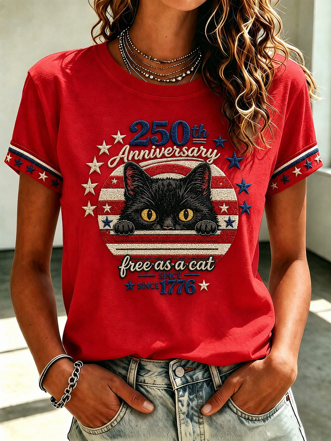 Women's 250 American Flag Cat Embroidered T-shirt