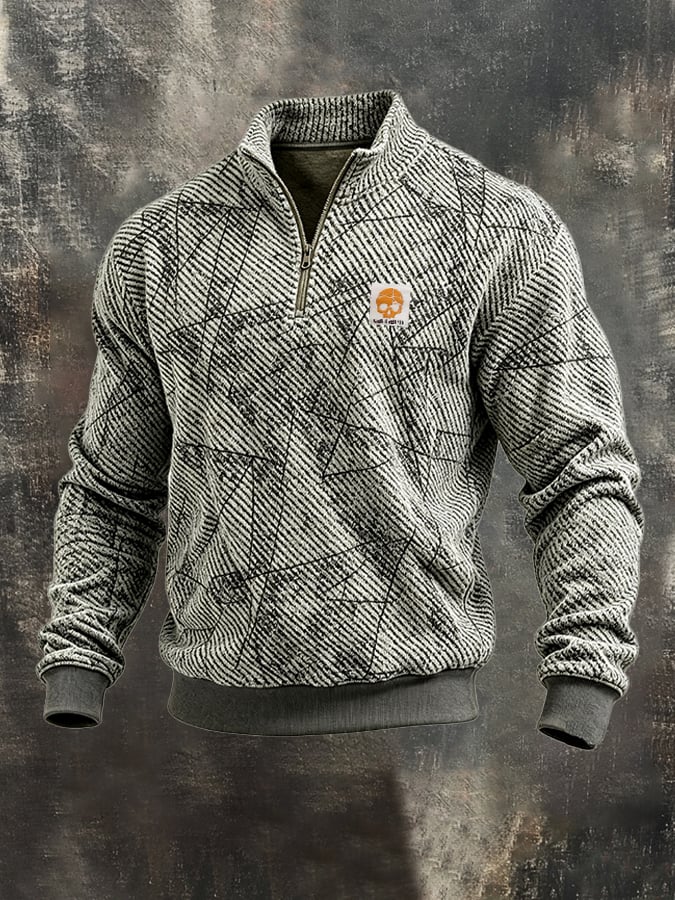 Men’s Vintage-Style Ribbed-Texture Printed Quarter-Zip Sweatshirt