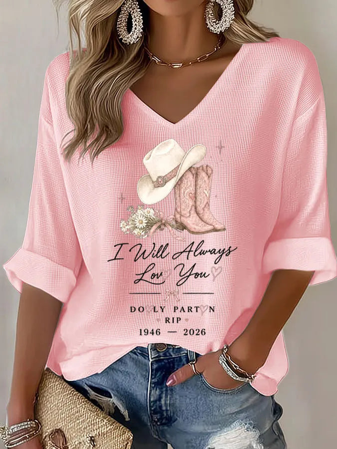 Women'S Commemorative Printed Waffle V-Neck Top