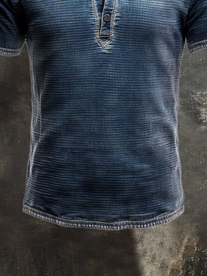Men's Retro Waffle Casual Henley Neck Short Sleeve T-Shirt