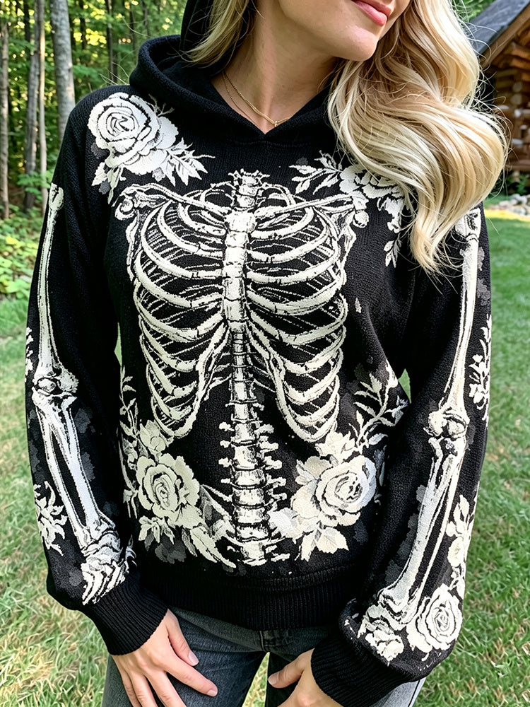 Women's Vintage Halloween Skeleton Flowers Print Cozy Art Knit Hooded Sweater