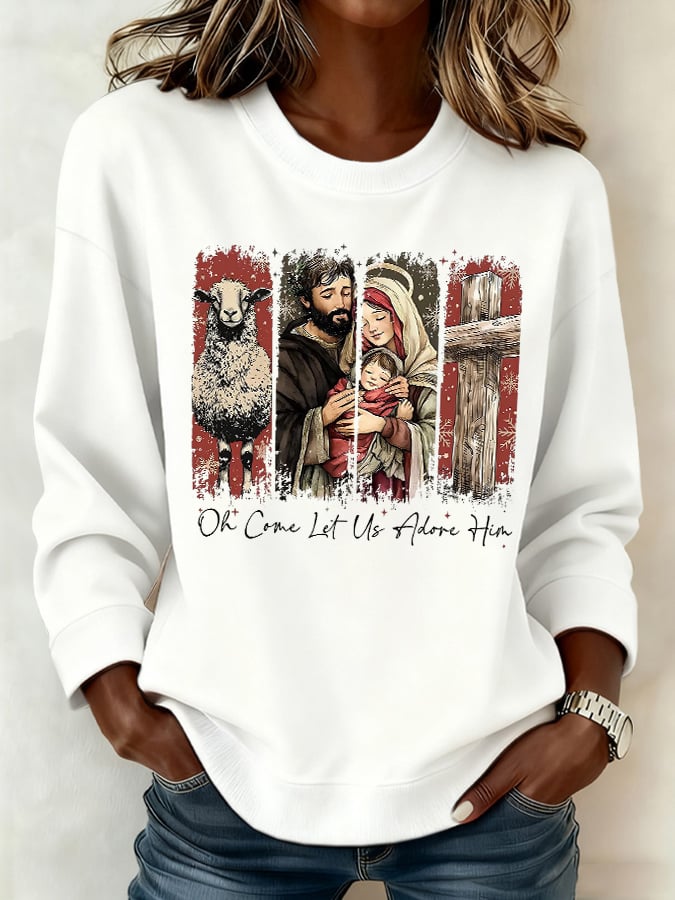 Retro Christmas O Come, Let Us Adore Him Print Sweatshirt