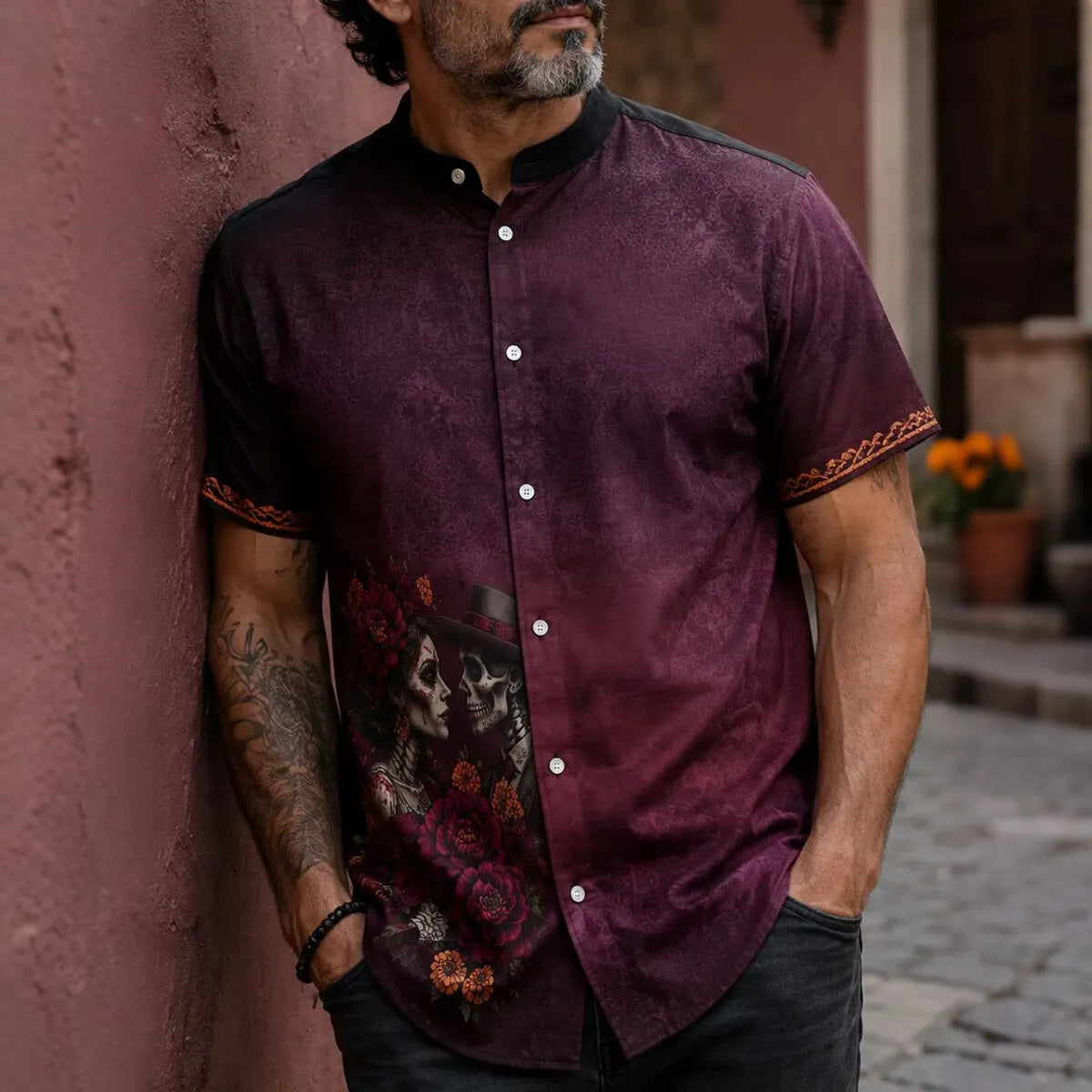 Men's Skeleton Couple And Maroon Florals Day of the Dead Print Stand Collar Short Sleeve Shirt