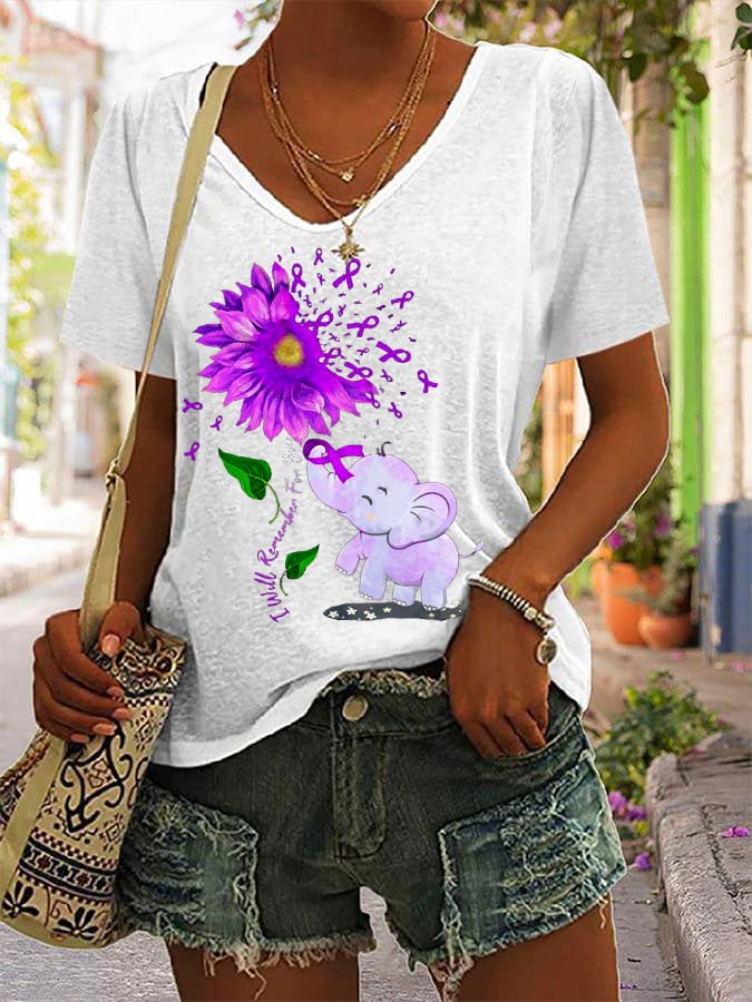 Women's I'll Remember For You Elephant Purple Ribbon Alzheimer's Awareness Fighter Supporter V-Neck Tee
