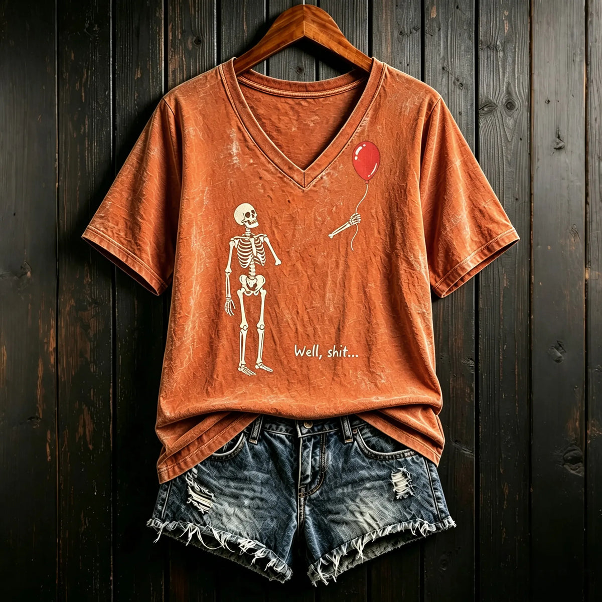 Women's Vintage Skeleton Lost Balloon Well Shit Funny Skeleton Graphic Print Casual T-shirt