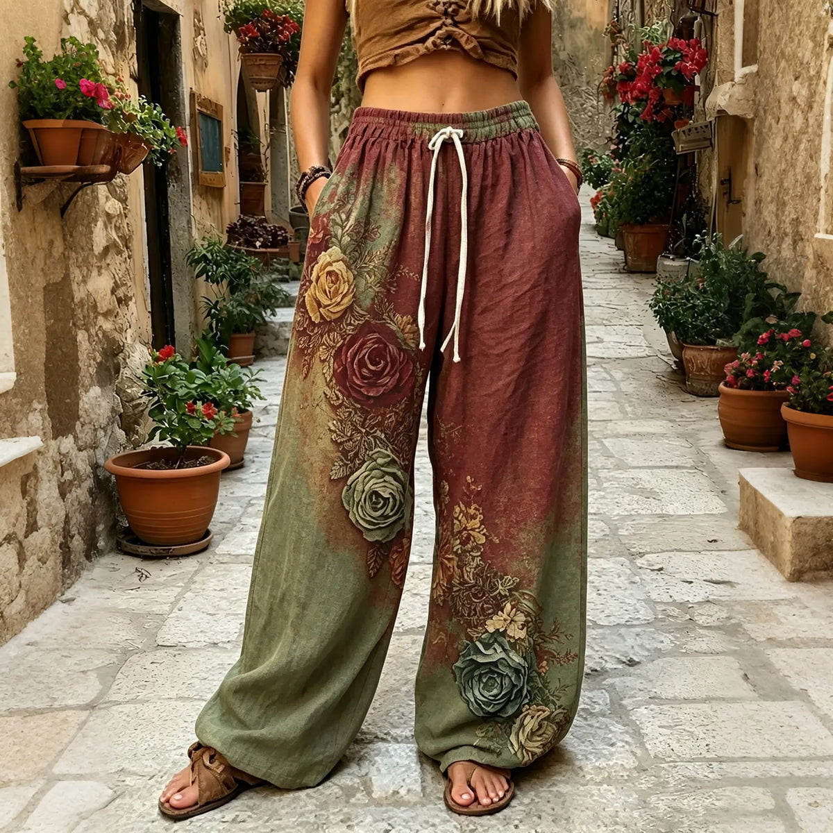 The Sunset Collection Women's Classic Bohemian Floral And Rose Gradient Print Linen Blend Pants