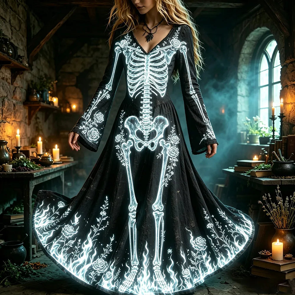 Women's Halloween Vintage Human Anatomy And Floral Art Print Casual Dress