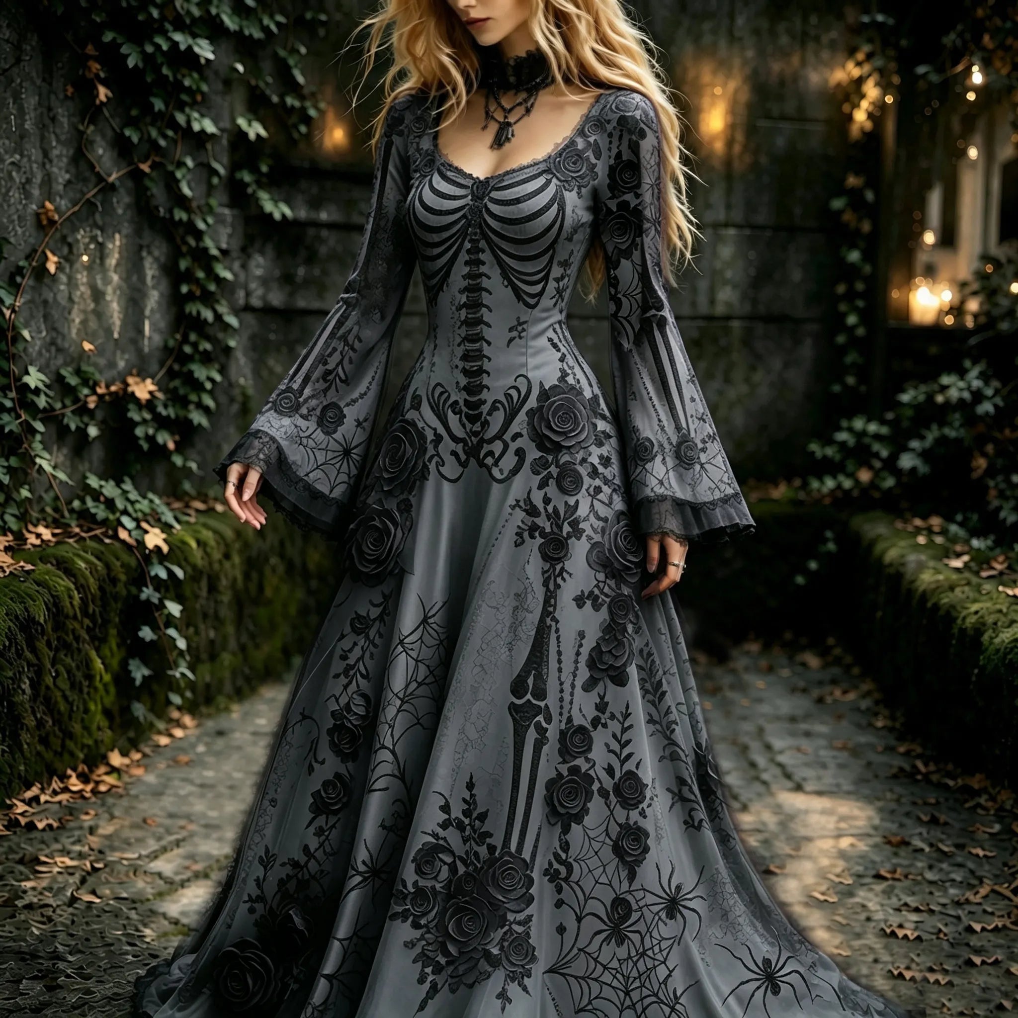 Women's Retro Gothic Flowers With Skull Pattern Mixi Halloween Dress