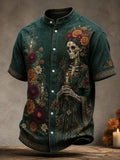 Men's Day Of The Dead Skeleton Woman Ritual Blooms Graphic Stand Collar Short Sleeve Shirt