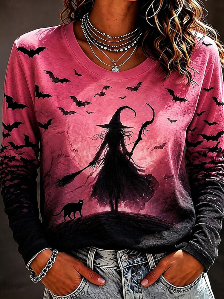 Women's Pink Halloween Witch Bat Black Cat Print Crew Neck Long Sleeve T-shirt