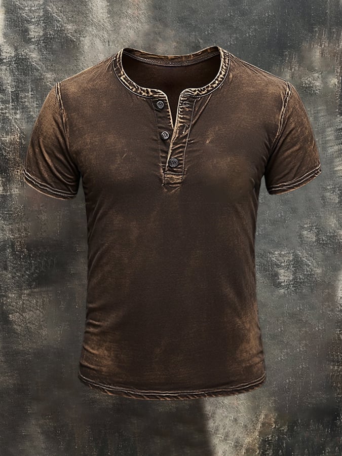 Men's retro wash casual Henley short sleeve t-shirt