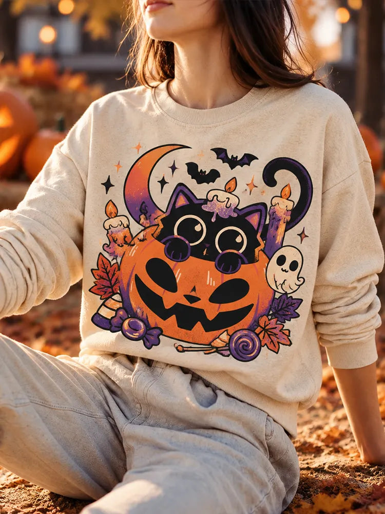 Women's Halloween Black Cat And Pumpkin Print Crew Neck Long Sleeve Sweatshirt