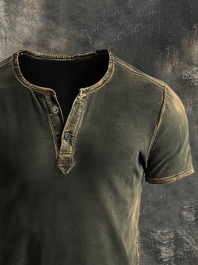 Men's casual vintage-style washed cotton short-sleeved Henley T-shirt