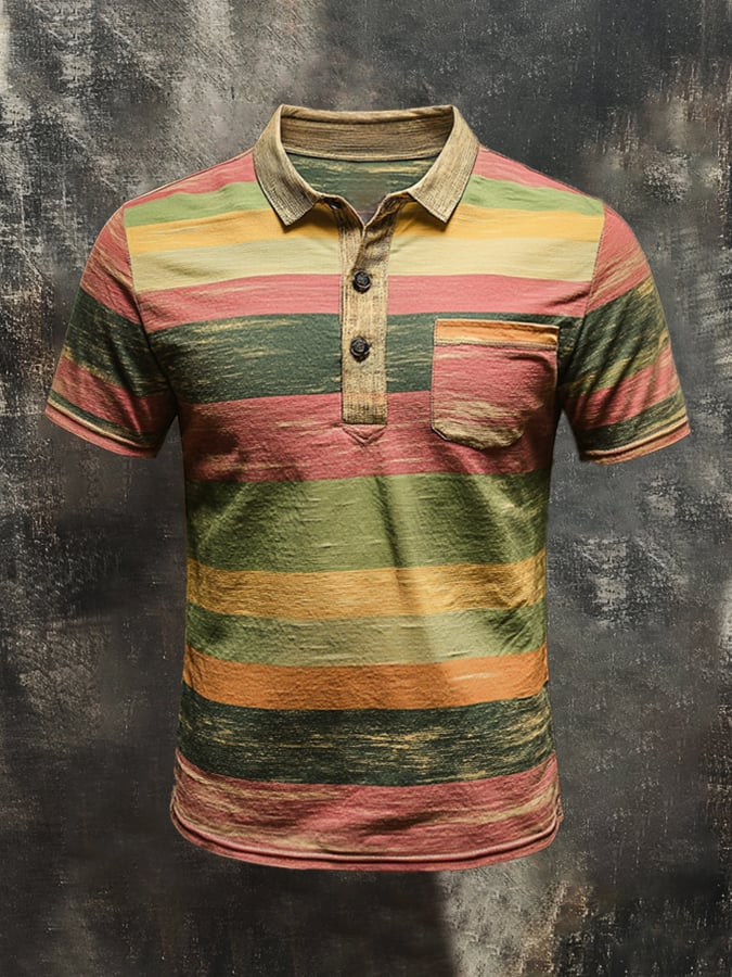 Men's striped colorblock short-sleeve polo shirt