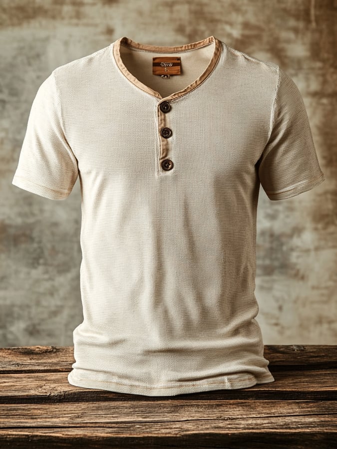 Men's casual waffle henley t-shirt, short sleeve