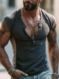 Men'S Fashion Color-Block Waffle-Knit Henley T-Shirt With Cap Sleeves