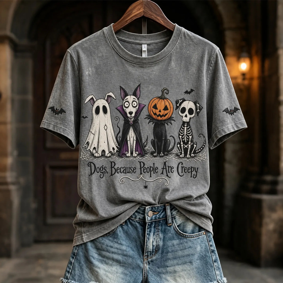 Women's Dogs Because People Are Creepy Halloween Dogs Print Short-sleeved T-shirt
