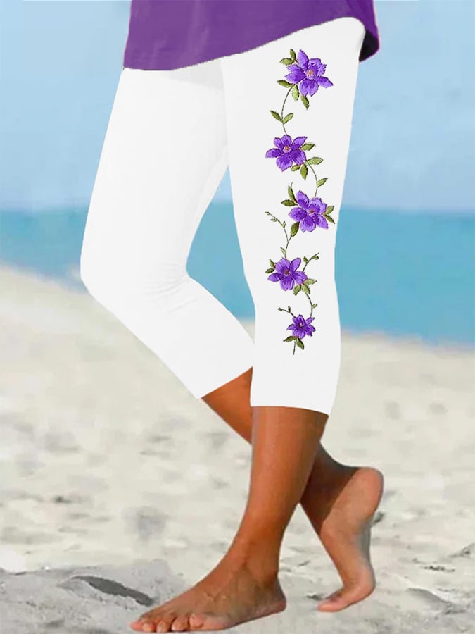 Women's Alzheimer's Purple Flower Print Awareness Support Cropped Leggings