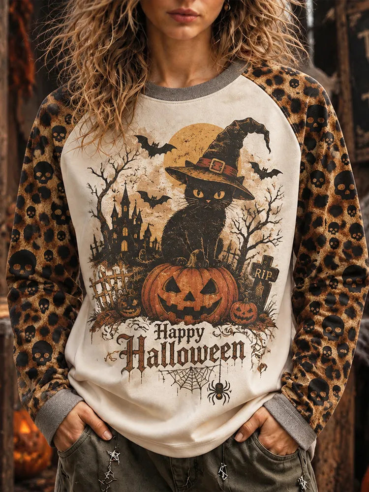 Women's Vintage Halloween Leopard Skull Black Cat Witch Raglan Sweatshirt