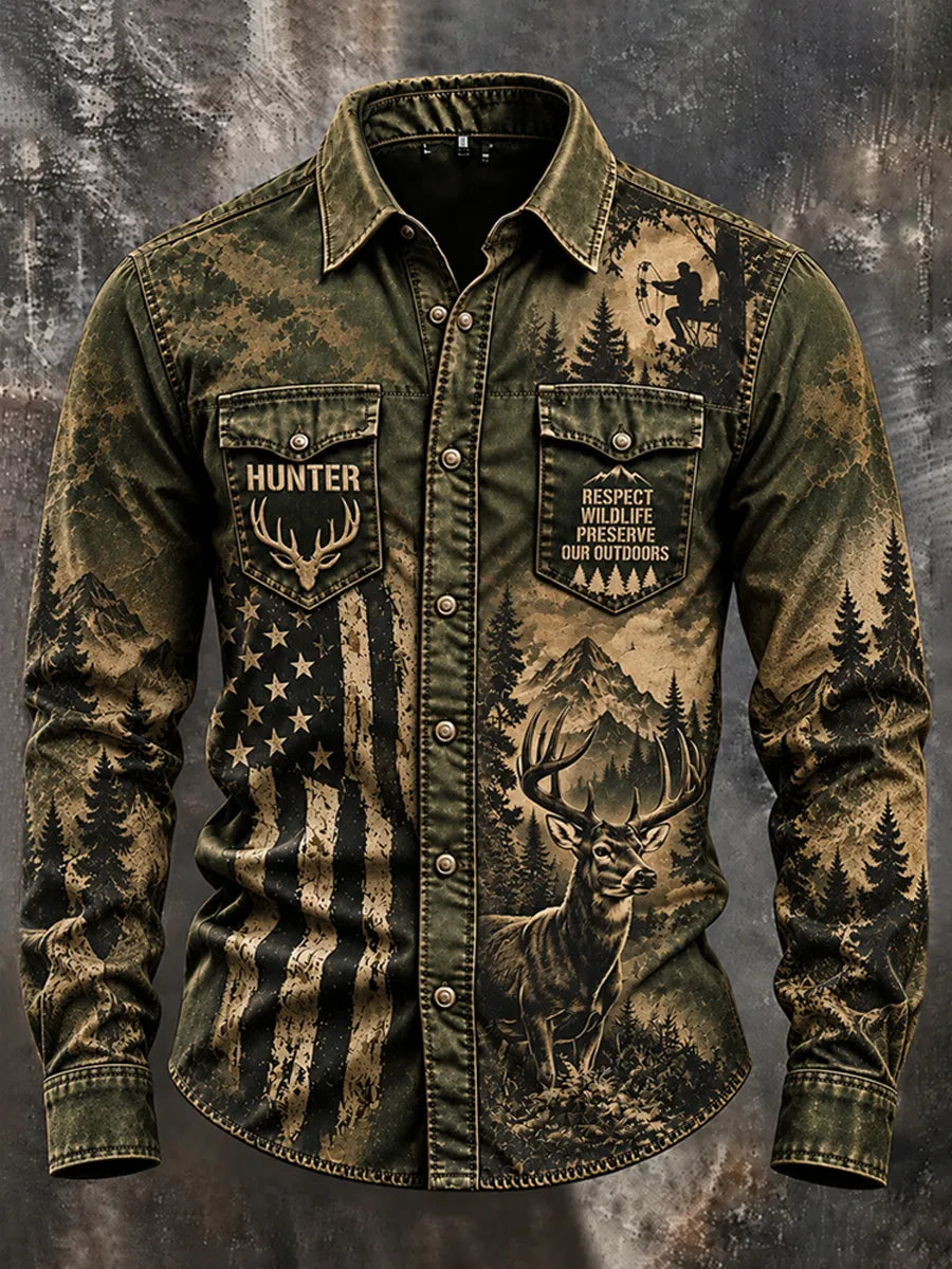 Vintage Hunting Culture Print Long Sleeve Button-Front Shirt