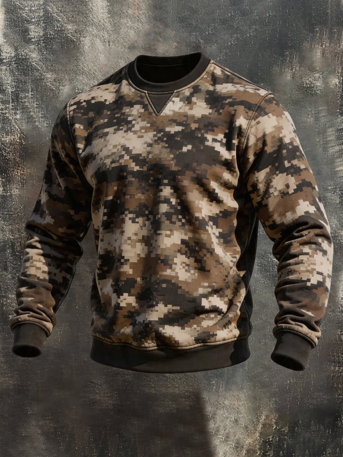 Men's Retro Color-Block Camouflage Print Crew-Neck Long-Sleeve Sweatshirt