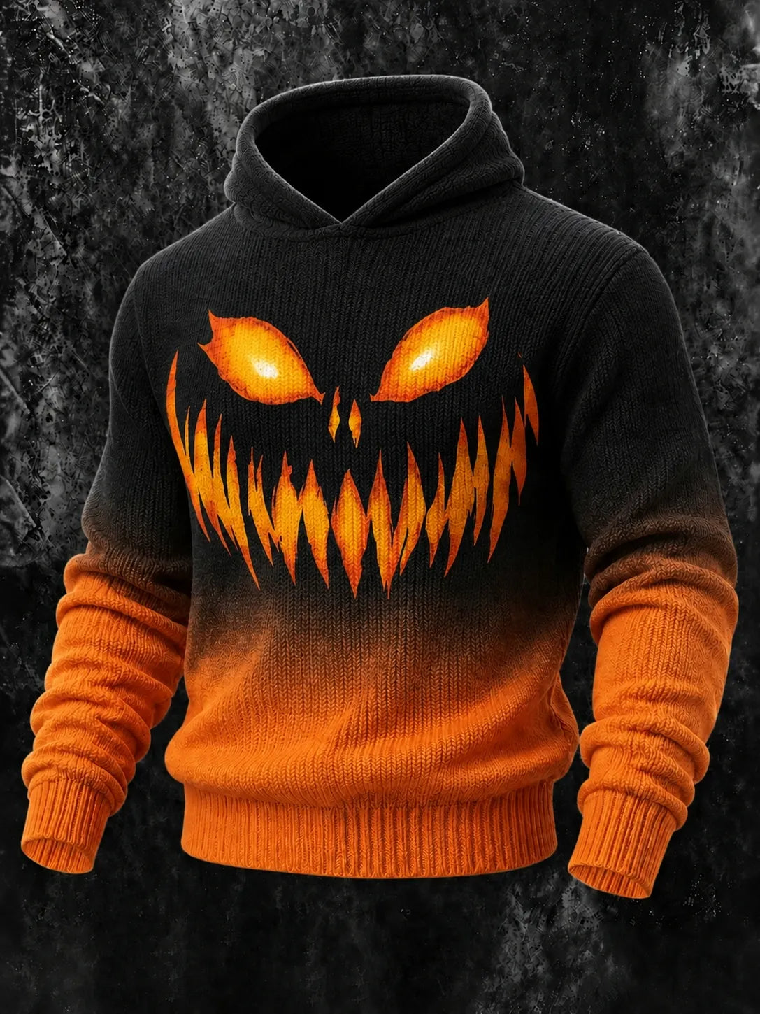 Men's Halloween Spooky Face Print Hooded Cozy Knit Sweater