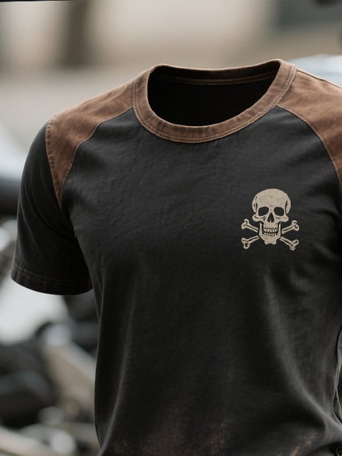 Men's retro color block round neck short sleeve t-shirt for motorcyclists